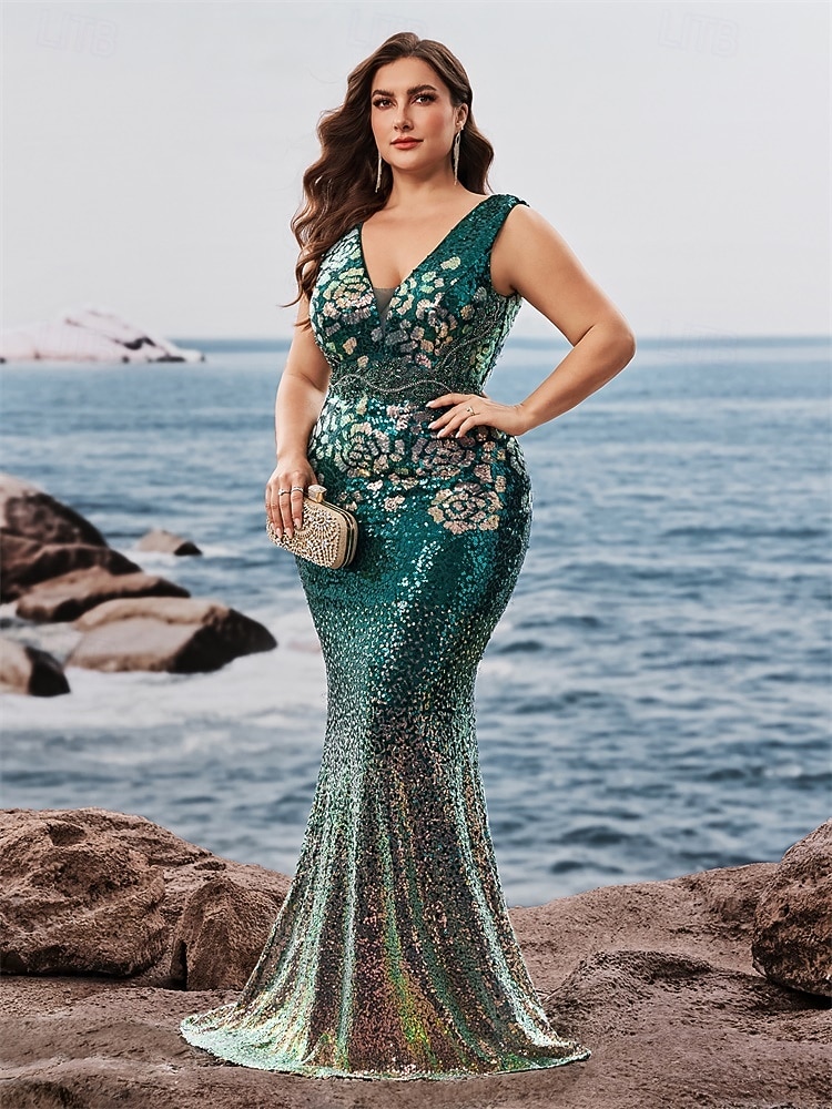 Meerjungfrau/Trompete Abendkleid, elegantes Kleid, formelle Abendparty, bodenlang, ärmellos, V-Ausschnitt, Herbst, Hochzeitsgast, Pailletten, V-Rücken mit Glitzerpailletten 2025 - $159.99 –P5