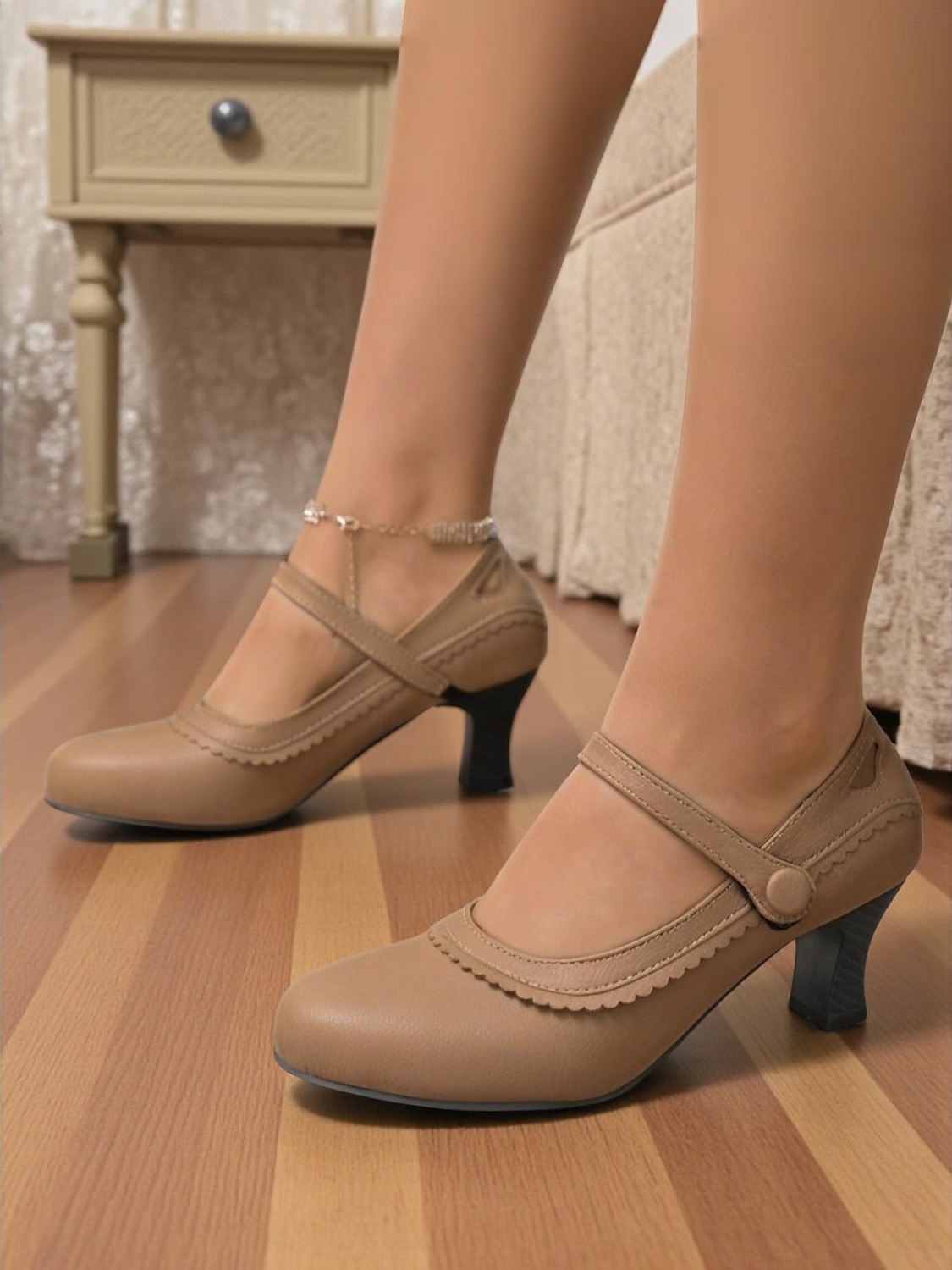 Women's Vintage Green Mary Jane Heels - 1950s-Style Round Toe Shoes with Scallop Details for Fall Work Looks,Daily Outfits and Vintage-Inspired Gatherings 2025 - $34.99 –P2