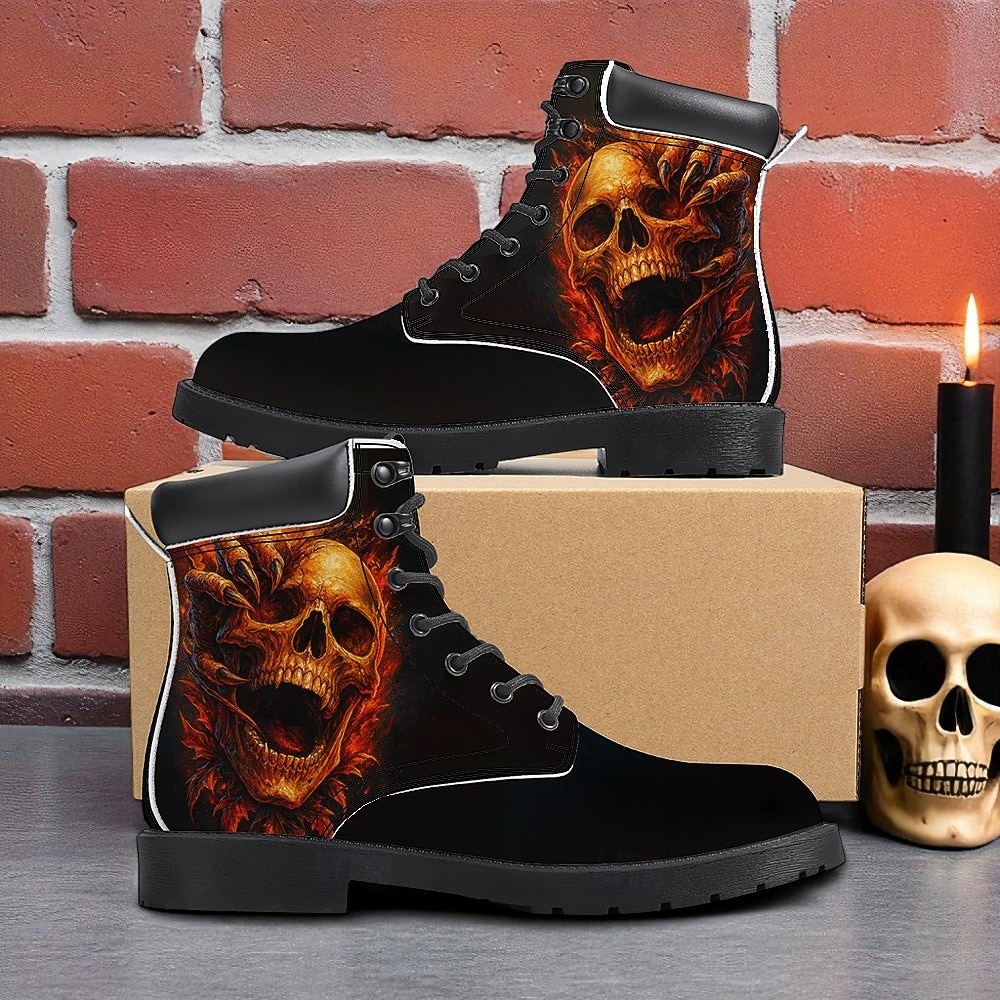 férfi lángoló koponya mintás harci csizma – gótikus punk fűzős bokacsizma halloweenre, cosplayre, koncertekre és utcai viseletre 2025 - $69.99 –P1