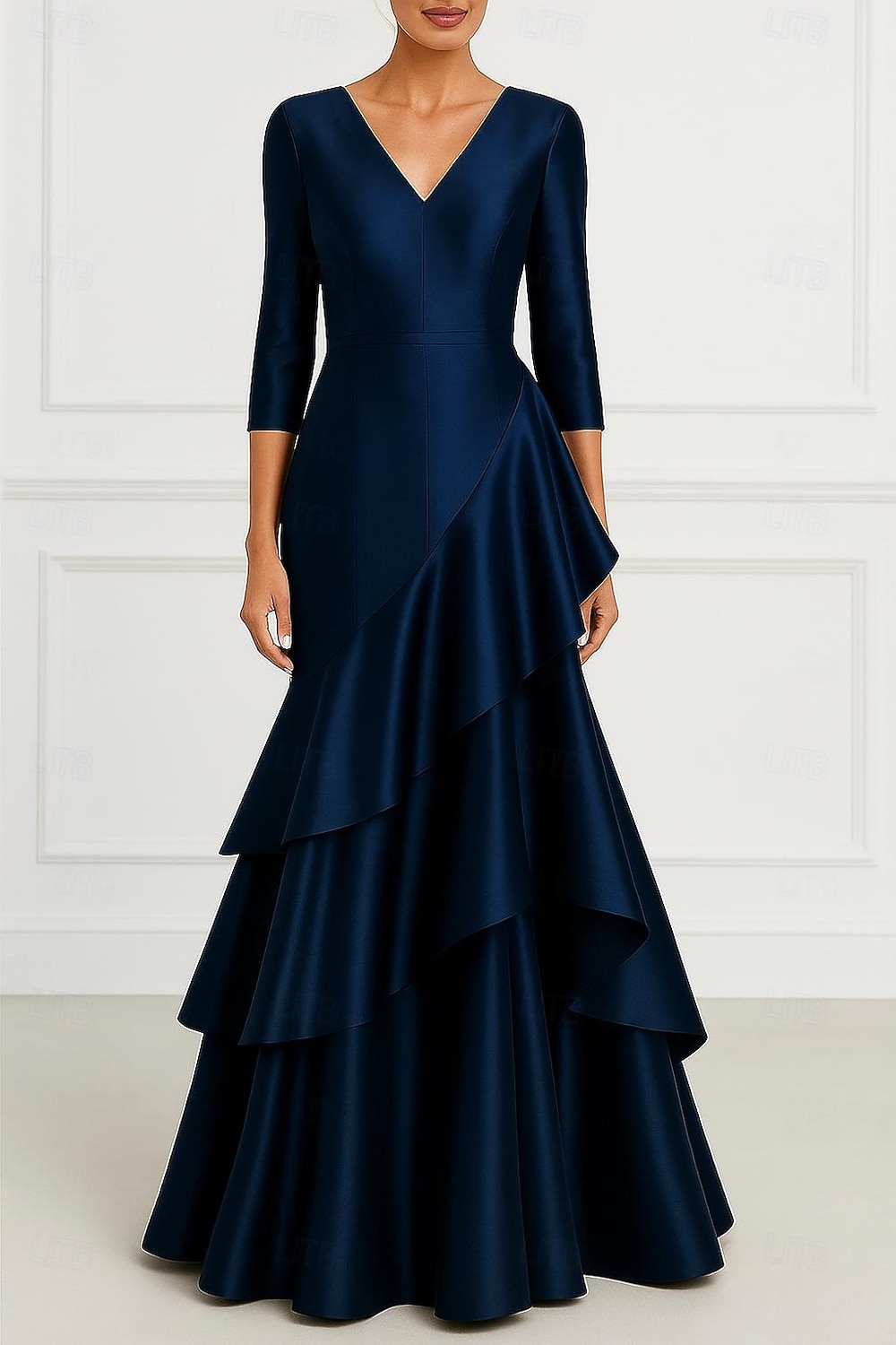 Linha A Vestidos de noite Elegante Traje formal Formal Casamento Longo Manga Longa Decote V Cetim com Pregas Fru-Fru 2025 de 2025 por $147.99 –P1