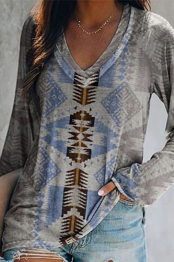 Femmes T-shirt Imprimé Graphique Géométrique Tribal Élégant Bohème ancien manche longue Col en V Hauts Réguliers Quotidien Sortir Week-end Bleu Noir Jaune Rouge Vert foncé Printemps Automne de 2026 ? $24.99 –P4