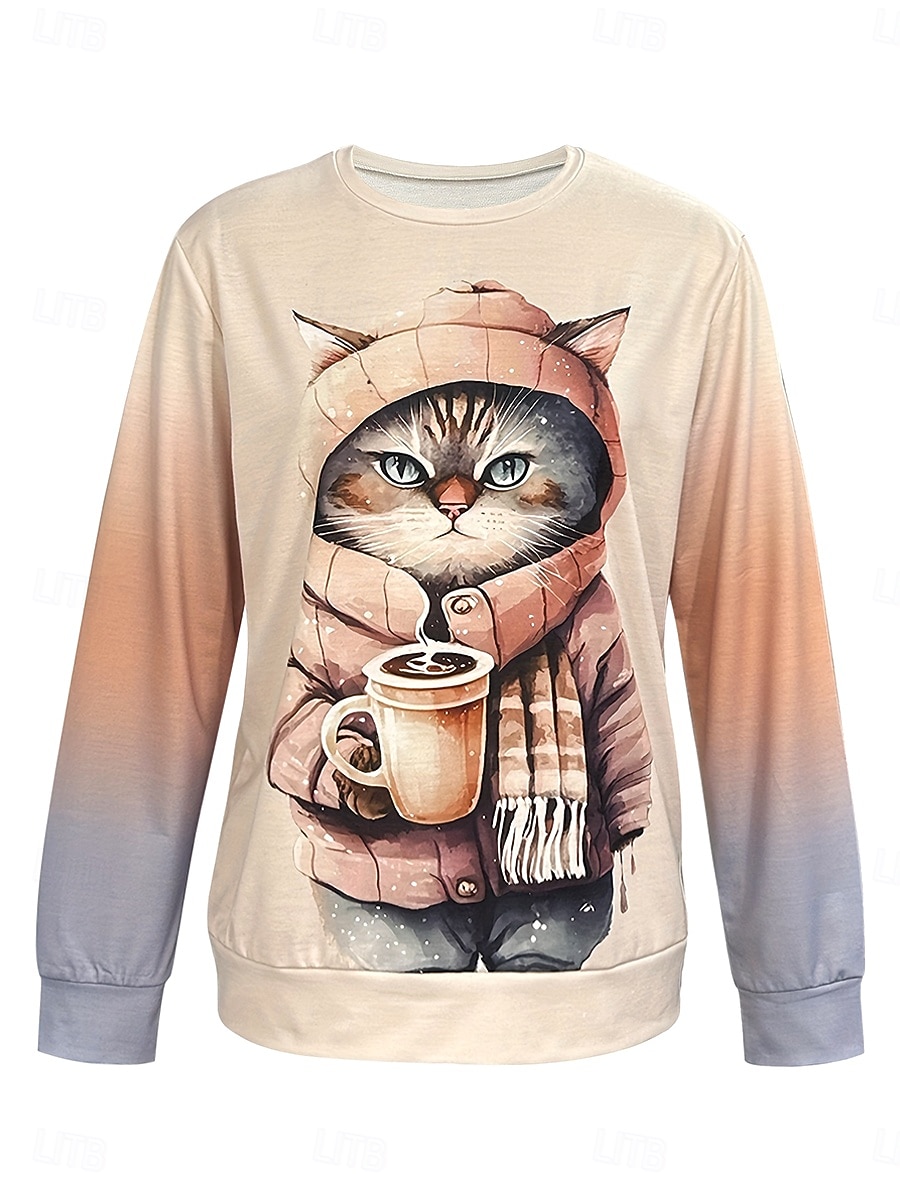 Damen Pullover Sweatshirt Patchwork Druck Grafik Tiermotiv Katze Warm Aktiv Vintage Langarm Rundhalsausschnitt Normale Oberteile Lässig Straße Alltagskleidung Khaki Grau Frühling Herbst Winter 2026 - $28.99 –P4