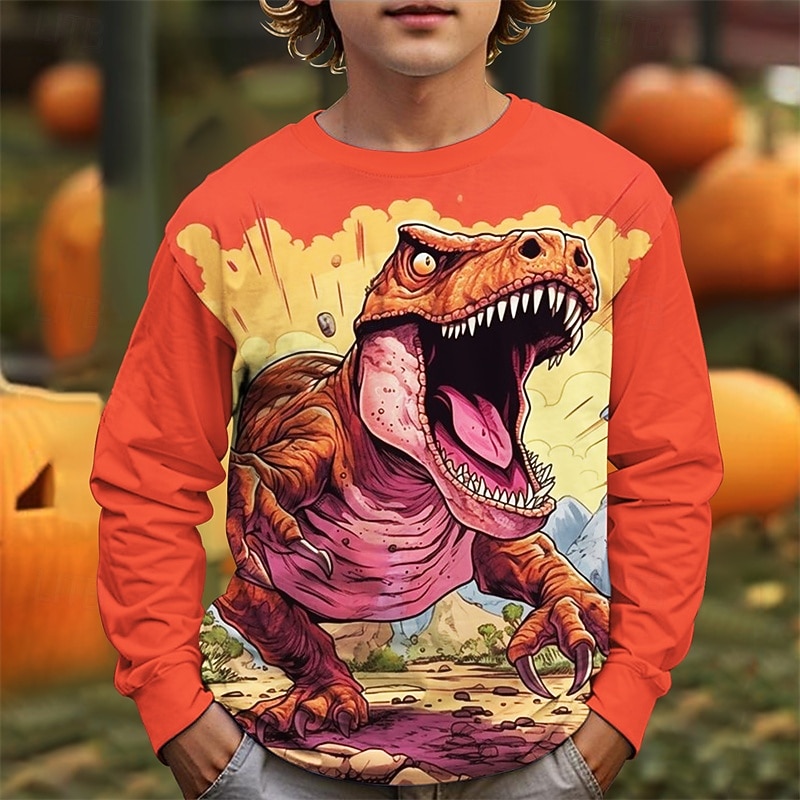 Halloween Poikien 3D Piirretty Dinosaurus T-paita Pitkähihainen Kevät Syksy Muoti Perus Lapset 4-12 vuotta Tiukka pyöreä kaula-aukko ulko- Kausaliteetti Päivittäin Normaali 2025 - $13.99 –P2