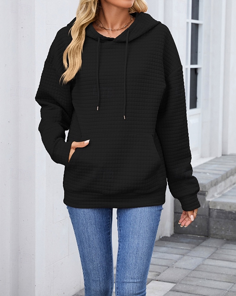 Damen Textur Bluse Kapuzenpullover Tasche Einfach Streetwear Lässig Langarm Mit Kapuze Normale Oberteile Straße Ferien Ausgehen Schwarz Rosa Braun Khaki Grau Herbst 2026 - $25.99 –P19