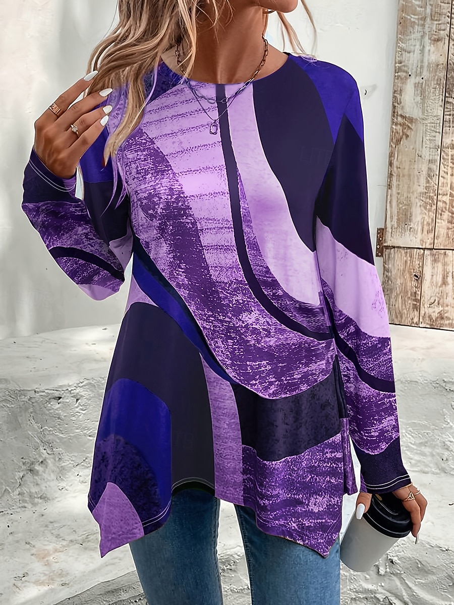 Жен. Футболка С принтом Асимметричный вырез Графика Геометрический принт Винтаж Стиль На каждый день Длинный рукав Вырез под горло Обычные топы Повседневные Красный Лиловый Коричневый Зеленый Хаки 2026 - $24.99 –P7