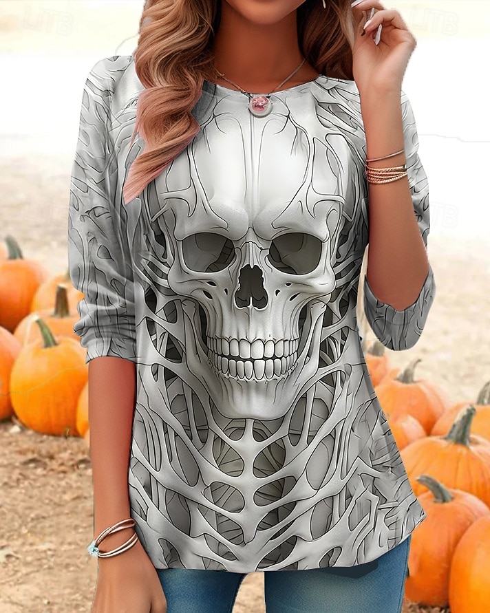 Koszulka Damska Czaszki Grafika Dynia Vintage Stylowa Klasyczna Długi Rękaw Okrągły Dekolt Regularne Bluzki Codzienny Druk Czarny Czerwony Jasnobrązowy Pomarańczowy Jasnoszary Jesień Zima 2025 - $22.99 –P1