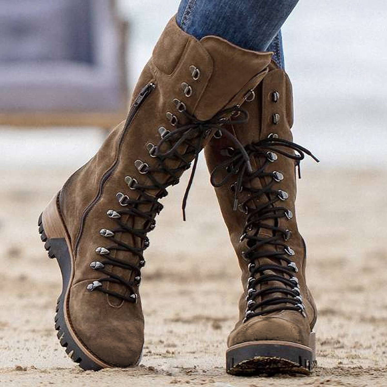 Women's Navy Suede Lace-Up Combat Boots with Side Zipper and Rugged Sole - Stylish High-Cut Boots for Winter and Outdoor Adventures 2025 - $59.99 –P4
