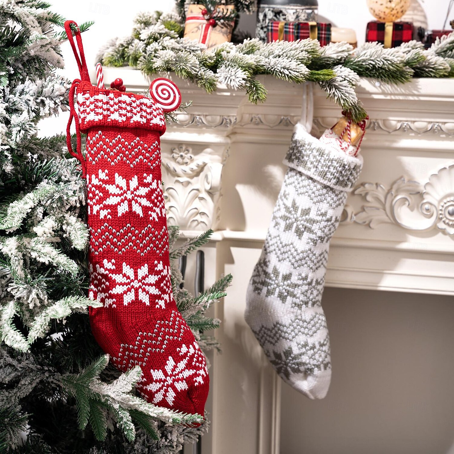 Lot de 2 bas de Noël tricotés, chaussettes de Noël en tricot flocon de neige rouge, décoration de vacances, sacs cadeaux suspendus pour enfants, cheminée &décorations d'arbre de Noël de 2025 ? $15.49 –P5
