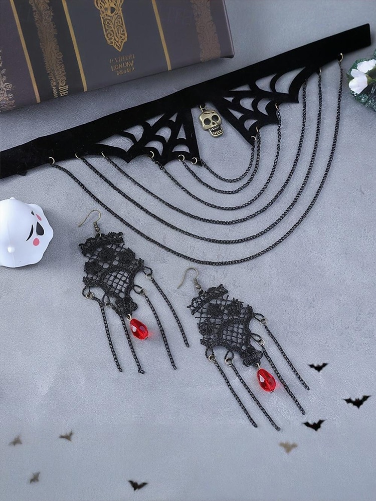 Conjunto de collar y pendientes de araña y calavera de Halloween para mujer: diseño de red de encaje negro con gema roja, perfecto para fiestas y disfraces de Halloween. 2025 - $14.99 –P8