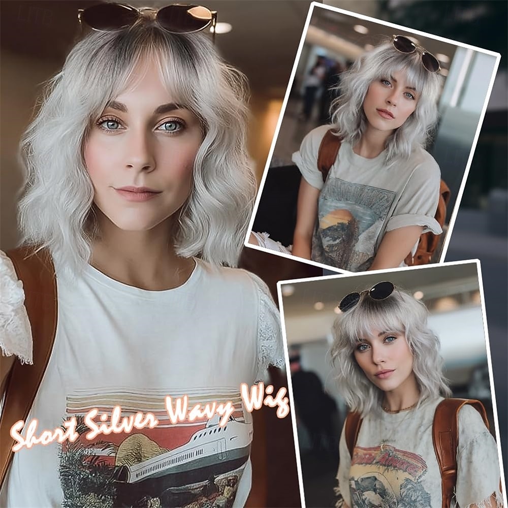 Short Silver Wigs for Women Ombre Grey Wavy Bob Wig with Bangs Medium Length Synthetic Hair Water Wave Dark Roots Wig Gray Colorful Wigs 2026 - $23.99 –P4
