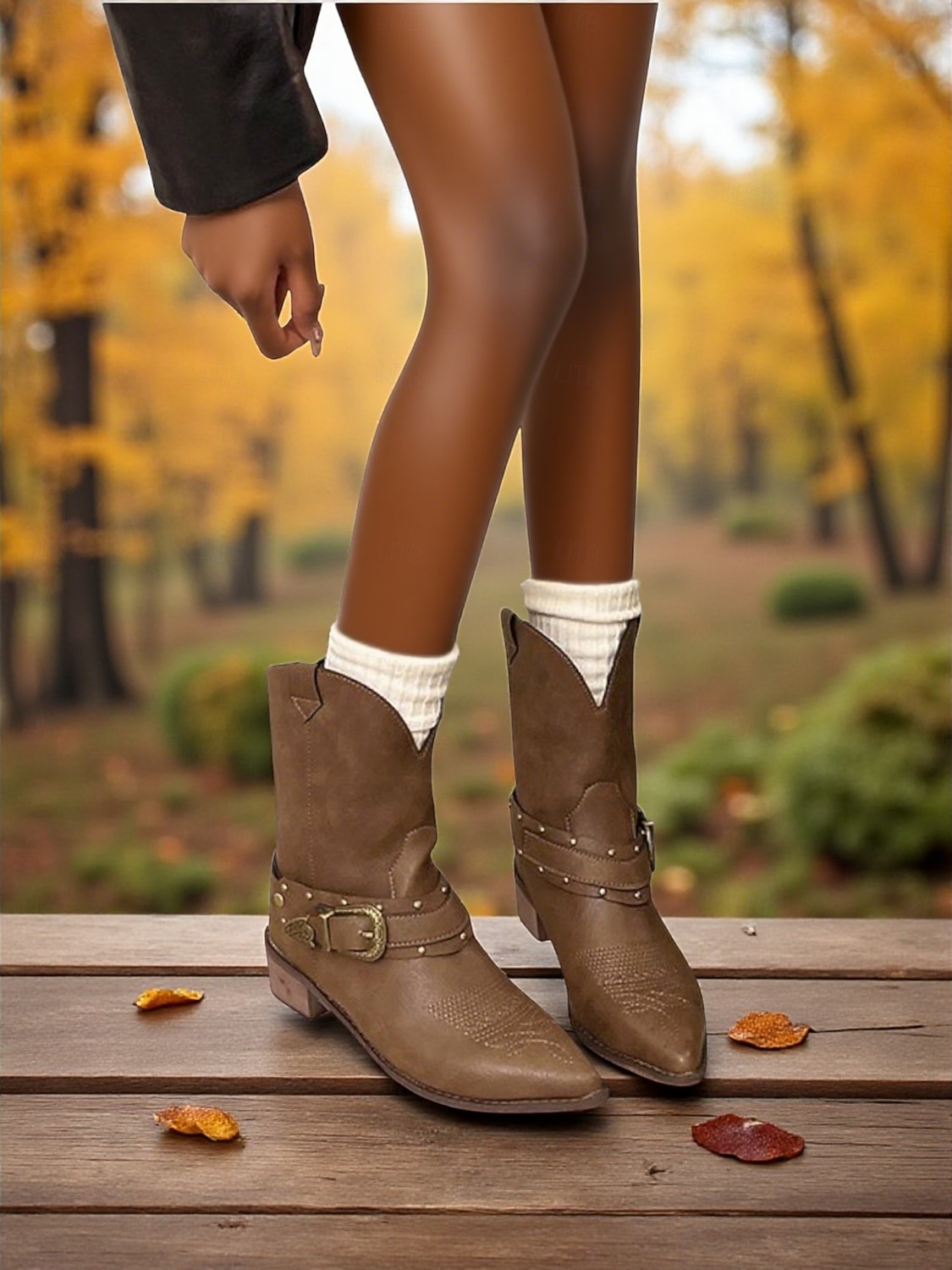 Bottes mi-mollet pour femmes avec sangle à boucle en métal, chaussures de mode confortables à talons bas de style occidental rétro pour vêtements décontractés urbains en plein air de 2025 ? $54.99 –P3