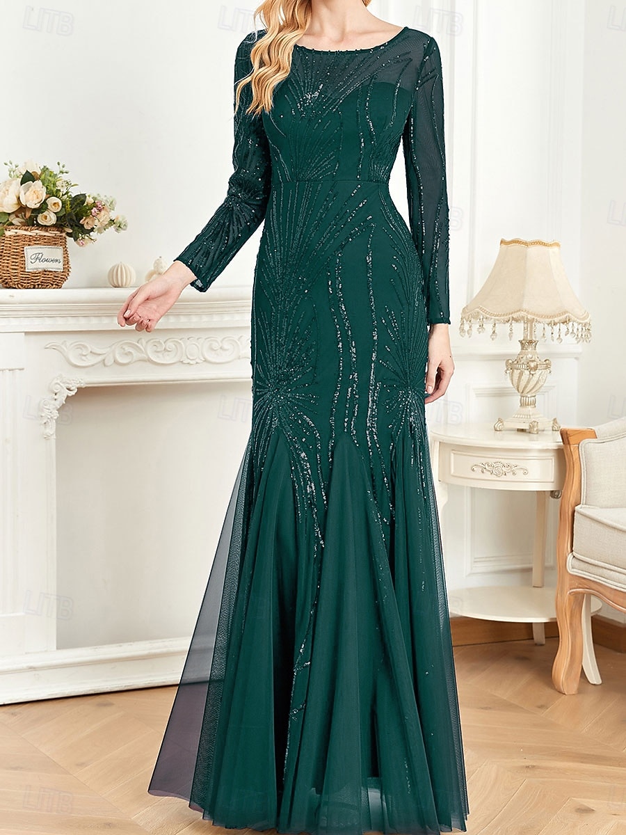 Dress Mother of the Bride Dress Elegant Party Crew Neck Floor Length Cotton Blend Long Sleeve with Sequin 2025 - $104.99 –P10