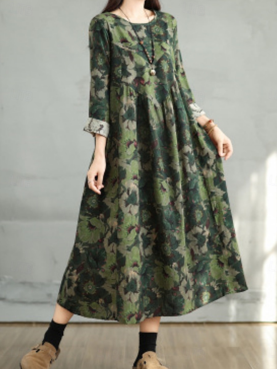 Femmes Robe maxi Robe trapèze Occasionnel Quotidien Coupe régulière Fleuri manche longue Col ras du cou Bleu marine Rouge Vert foncé Marron Été Automne de 2025 ? $36.99 –P3