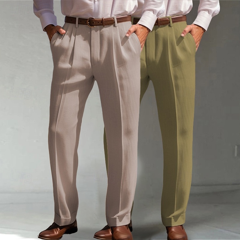Herren Anzughose Leinenhosen Hose Sommerhose Fronttasche Falten Gerader Schnitt Einfach Komfort Atmungsaktiv Volle Länge Formell Geschäft Täglich Mode Basic Grün + grau Weiß + Khaki Unelastisch 2025 - $33.99 –P7