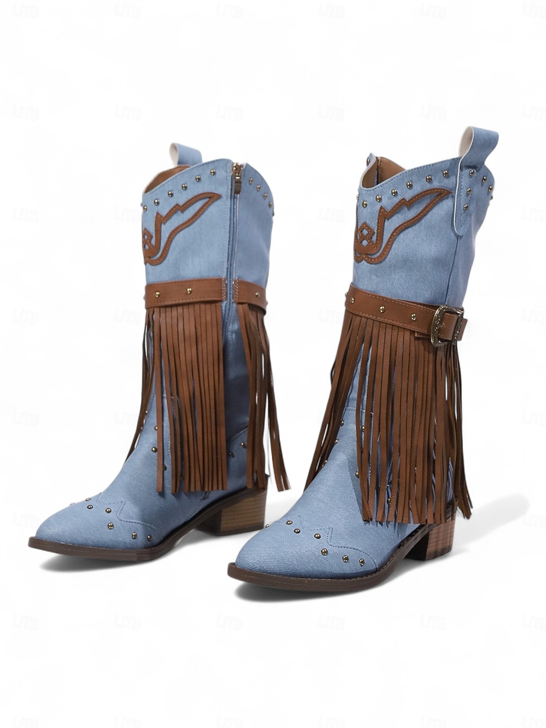 Γυναικείες καφέ μπότες μέχρι το γόνατο με κρόσσια από τεχνητό δέρμα, λεπτομέρειες με τρουκς και χαμηλά τακούνια, μποέμ παπούτσια σε στιλ καουμπόι γουέστερν 2026 - $54.99 –P10