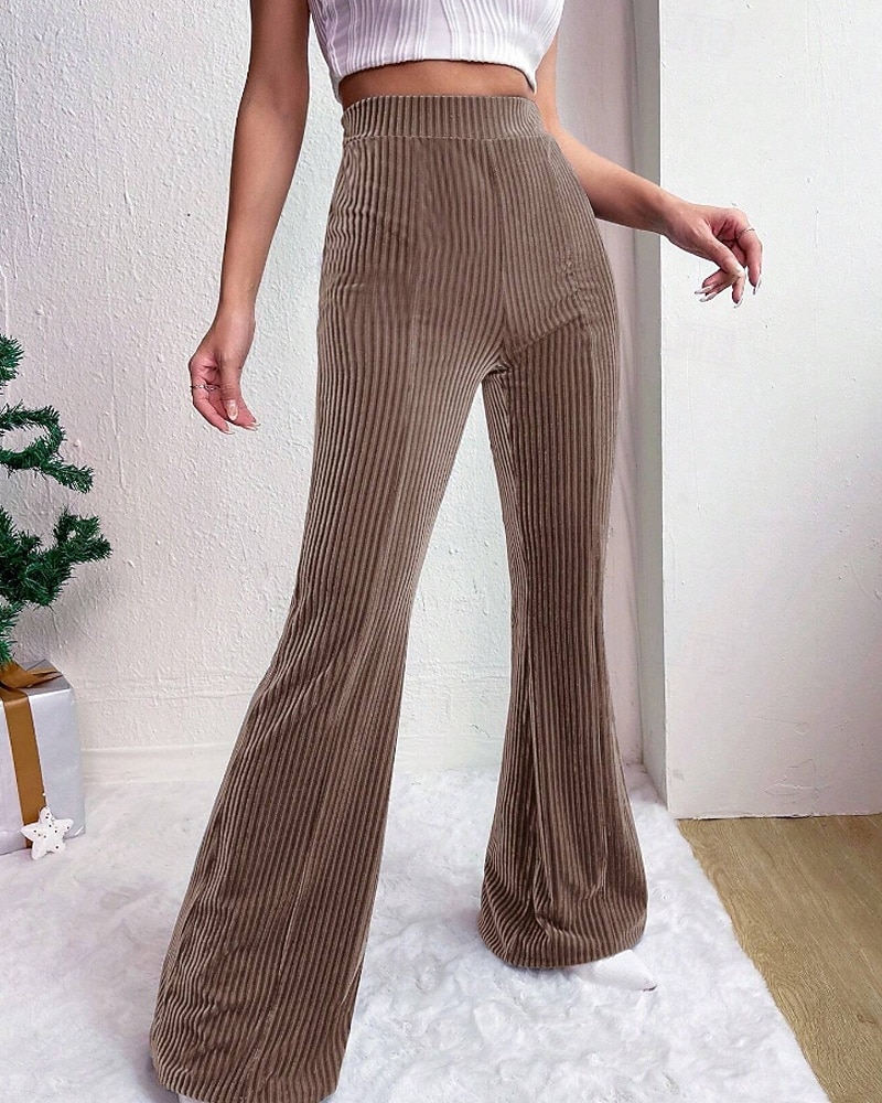 Mulheres Perna larga Calças de Veludo Calças Roupa de rua Casual Comprimento total Natural Tecido Cintura elástica Confortável Ao ar livre Férias Para Noite Vinho Pavão Azul Rosa claro cáqui Outono de 2026 por $22.99 –P6