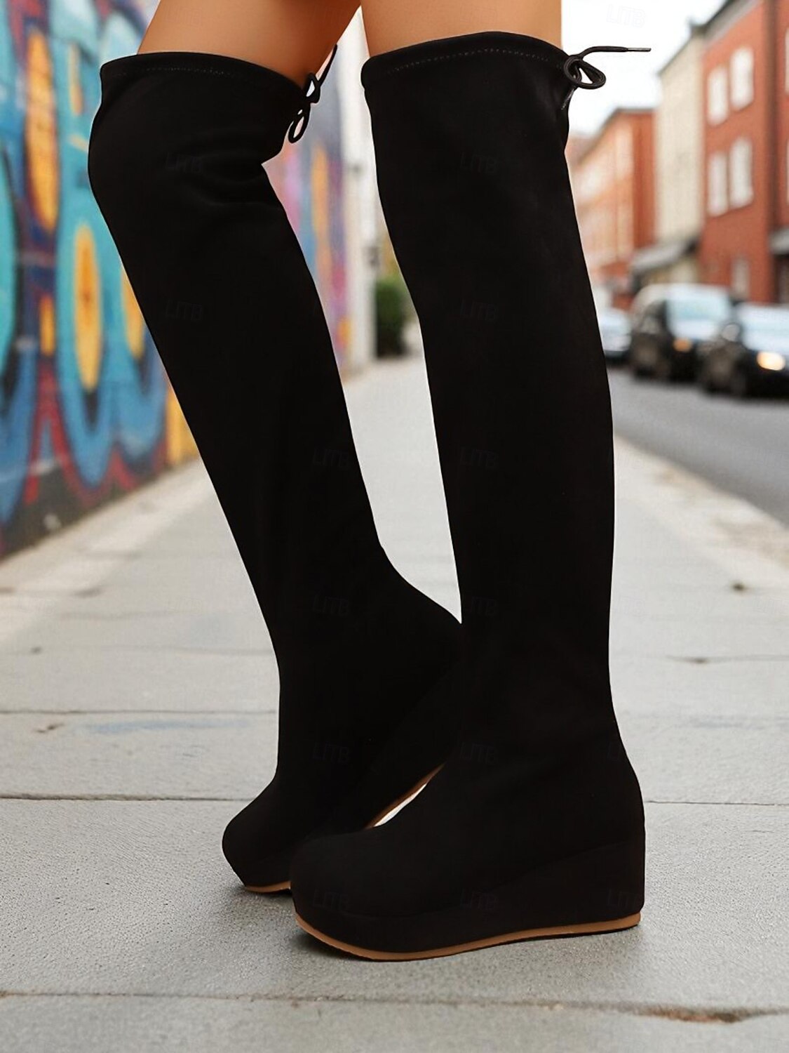 Botas femininas de camurça bege acima do joelho com salto plataforma – calçado de inverno confortável para estilo urbano e uso casual diário de 2025 por $42.99 –P1
