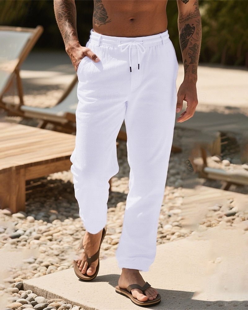 Herr Linne Byxor Långbyxor Sommarbyxor Strandbyxor Snörning Ficka Elastisk midja Slät Komfort Andningsfunktion Semester Dagligen Helgdag Hawaiisk Boho 다크 카키 Svart 2025 - $17.99 –P1
