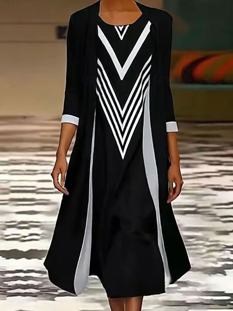 Dame Kjolesett Maxikjole Skiftkjole Sommerkjole Fritid Grafisk Geometrisk Multi Layer Trykt mønster Maxikjole 3/4 ermer Crew-hals Daglig Svart Blå Oransje Vår Høst Løstsittende 2025 - $36.99 –P3