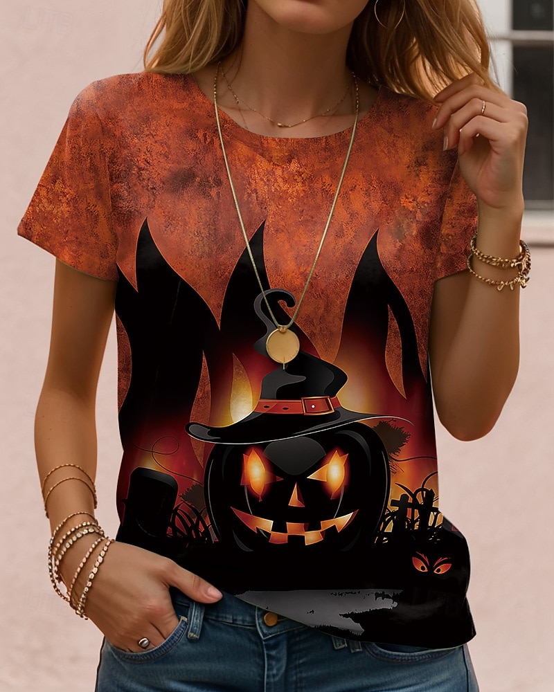 Halloween Damen T Shirt Grafik Schädel Halloween Vintage Stilvoll Klassisch Kurzarm Rundhalsausschnitt Normale Oberteile Täglich Wochenende Druck Schwarz Rote Leicht Braun Blau Orange Herbst Winter 2025 - $22.99 –P5