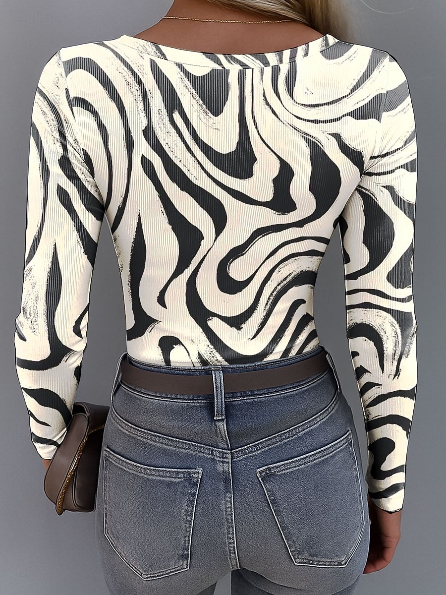 Tricou de femei cu mânecă lungă cu guler pătrat grafic texturat casual tunică abstract zebra vintage stilat regulat tops zilnice imprimeu albastru mov verde khaki primăvară toamnă 2026 - $26.99 –P2