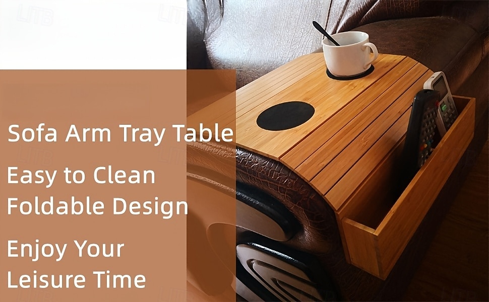 Składany stolik podłokietnikowy do sofy z bambusa w stylu vintage z uchwytem na kubek – nie wymaga montażu, należy myć ręcznie, naturalne drewno &wykończenie w kolorze czarnym, drewno liściaste 2026 - $43.99 –P10