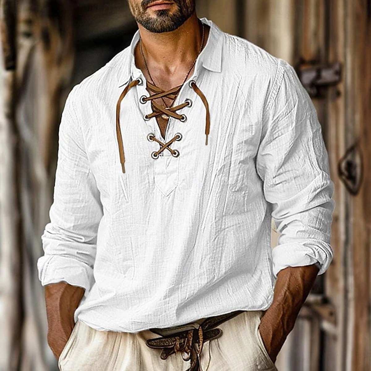 2026年 男性用 シャツ リネンシャツ バイキングスタイル サマーシャツ ビーチウェア 純色 バケーション ストリート ホワイト オレンジ グリーン ライトブルー 長袖 ノーカラー 衣類  コレクション – $28.99 –P8