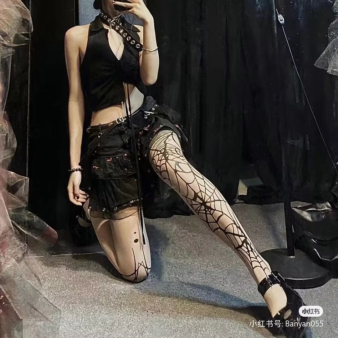 Halloweenské gotické punčocháče s pavučinovým vzorem, tmavé průsvitné punčocháče s potiskem, černé pavučinové punčochy pro ženy, módní halloweenské punčocháče k střižení vlastní výroby 2025 - $7.99 –P6