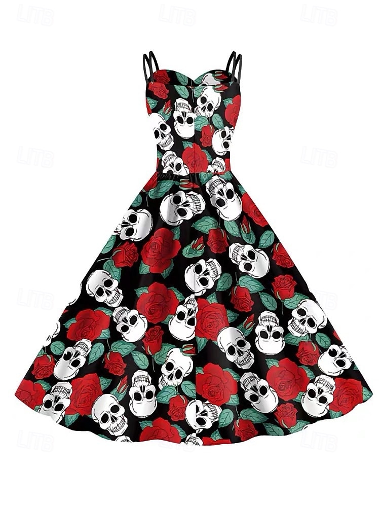 2025年 女性用スカルプリントミニドレス Aラインドレス カジュアル デイリー ホリデー レギュラーフィット スカル ノースリーブ スパゲッティストラップ ブラック ホワイト ワイン サビレッド 夏 春 秋  コレクション – $29.99 –P14