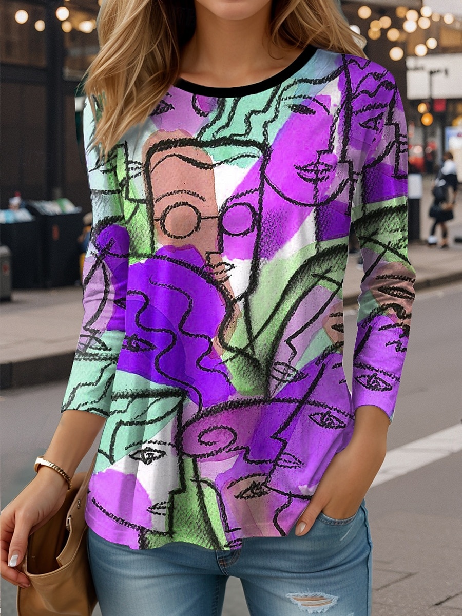 Femmes T-shirt Graphique Abstrait ancien Élégant Occasionnel manche longue Col ras du cou Hauts Réguliers Quotidien Imprimé Jaune Rouge Violet Vert Printemps Automne de 2025 ? $22.99 –P3