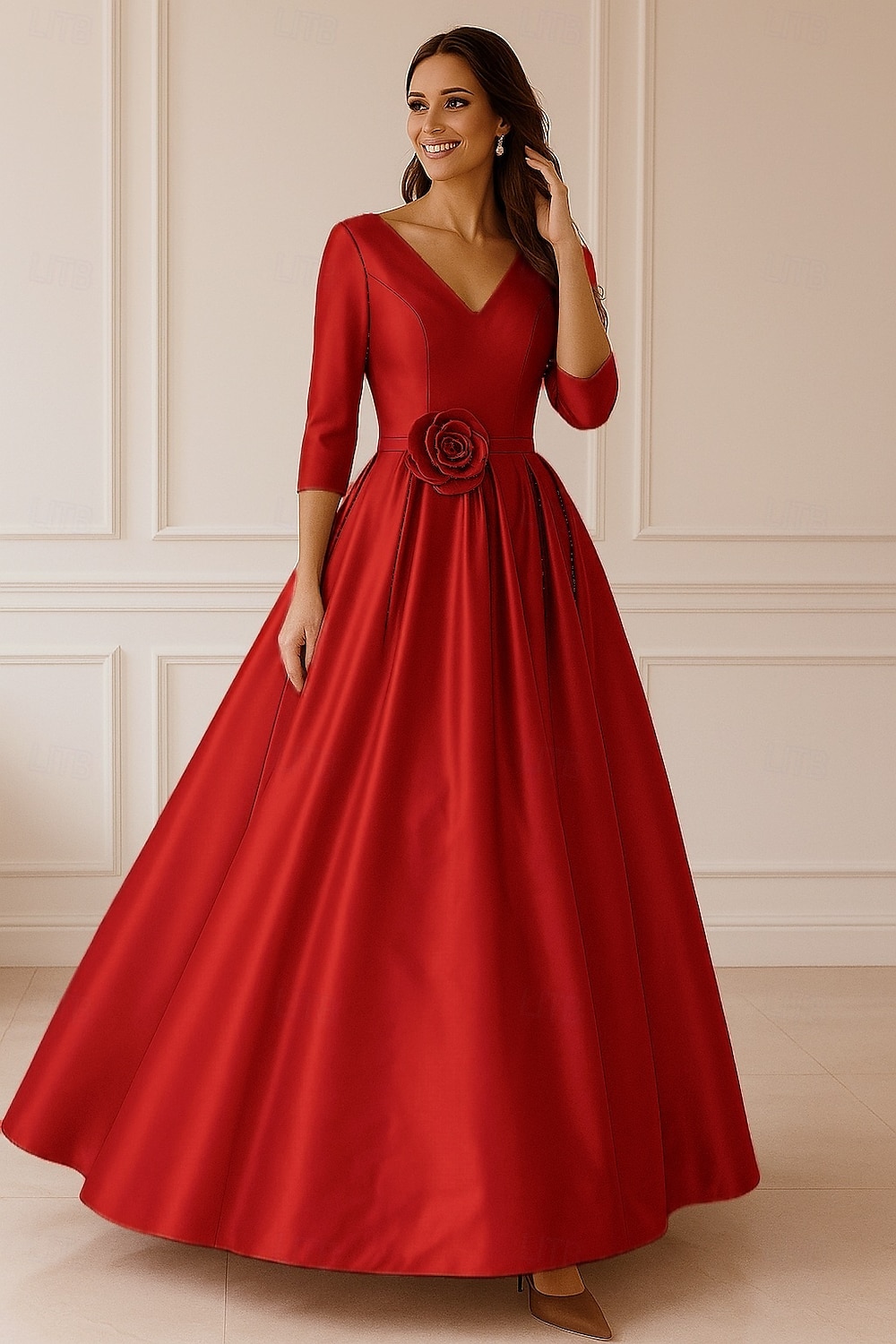 Ligne A Robe de Soirée Élégant Robe de soirée Formel Mariage Longueur au sol Manche 3/4 Col en V Satin Extensible avec Froncé 2025 de 2025 ? $144.99 –P1