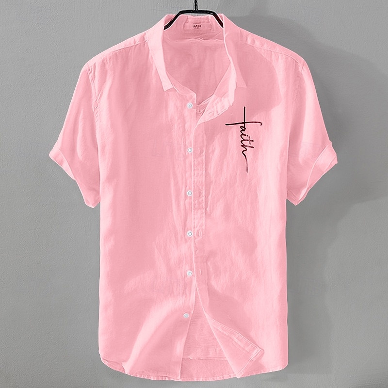 Herren Leinenhemd Freizeithemd Baumwoll-Leinen-Hemd Knopfhemd Muster Urlaub Straße Schwarz Weiß Rosa Dunkelmarine Kurzarm Revers Sommer Bekleidung Button-Down 2025 - $18.99 –P15
