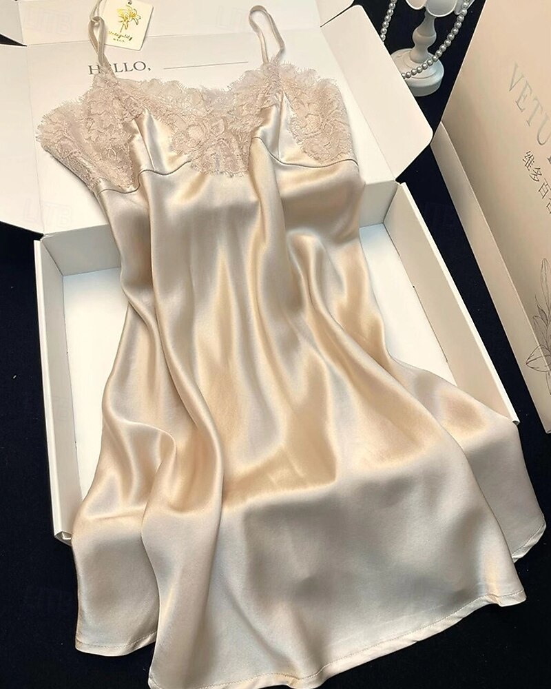 Damskie Piżama Koszula nocna Moda Codzienny Miękkie Czyste kolory Satynowa jedwabna piżama Koronka Niejednolita całość Dom Urlop Łóżko Bez rękawów Paski Beżowy Lato 2026 - $28.99 –P1