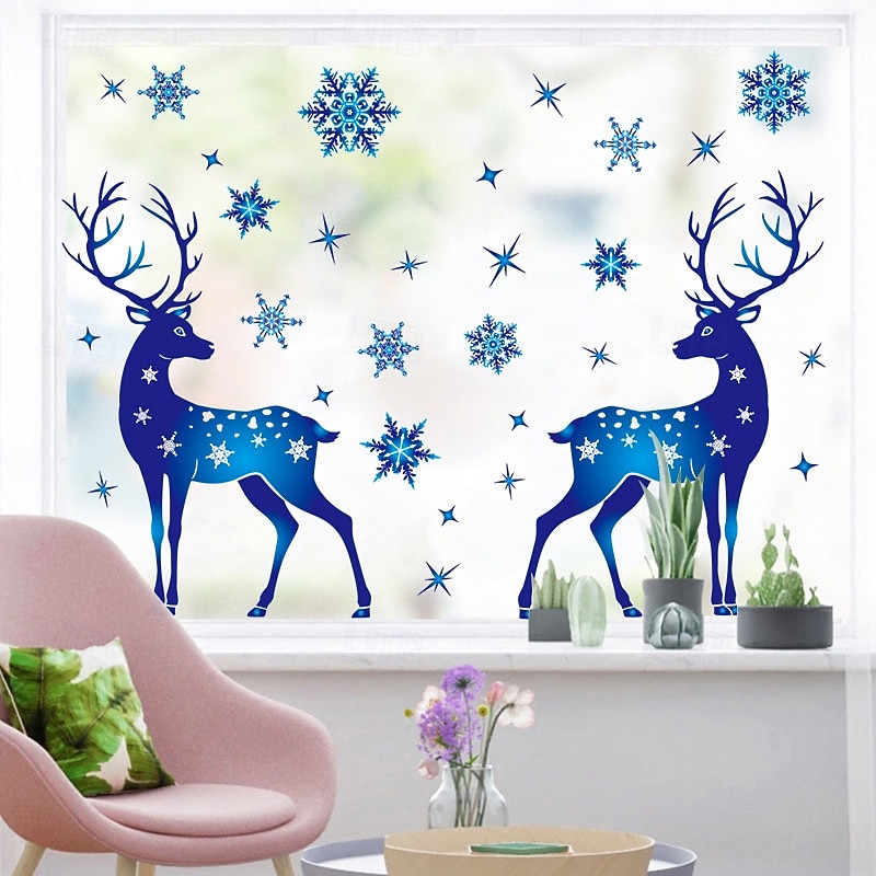 Christmas Window Clings Xmas Wall Sticker Snowflake and Reindeer Design Blue Holiday Decals Static Cling for Glass Window Store Display Festive Christmas Decoration Home Party Accessory 2025 - $8.99 –P1