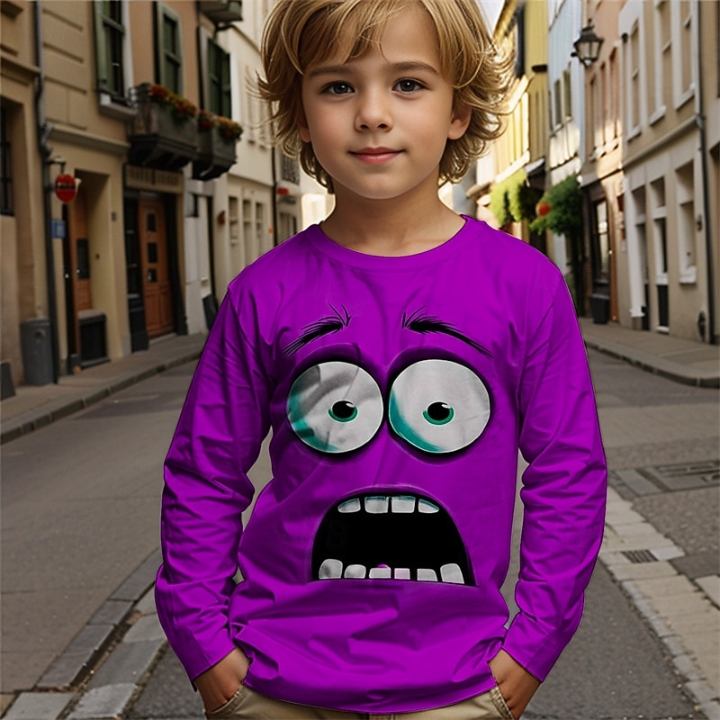 Pojkar tecknat roligt leende ansikte t-shirt långärmad 3D-tryck höst vintermode grundläggande barn 4-12 år rund hals utomhus casual daglig normal passform 2025 - $13.99 –P3