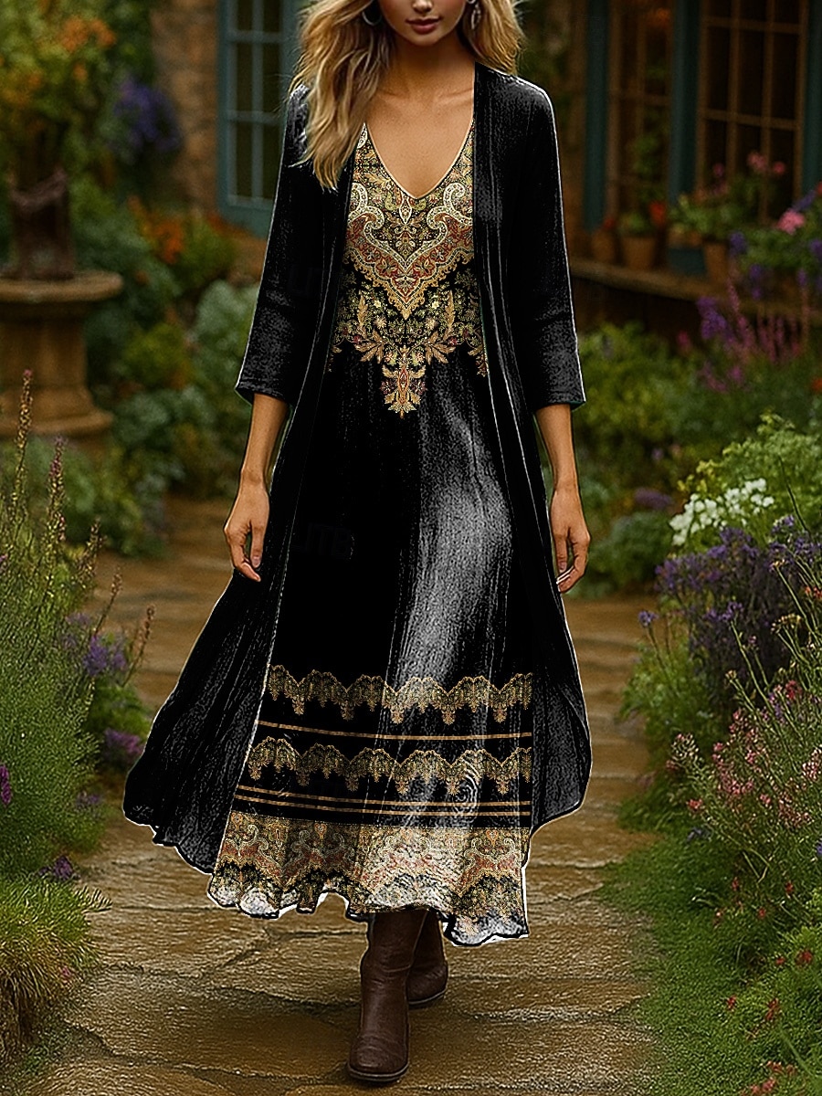 Dam Klänning Set Maxiklänning A linjeklänning Sommarklänning Semester Boho Nyans Blommig Multi lager Mönster Maxiklänning 3/4 ärm V-hals Utomhus Dagligen Svart Rodnande Rosa Orange Sommar Vår Normal 2025 - $51.99 –P3