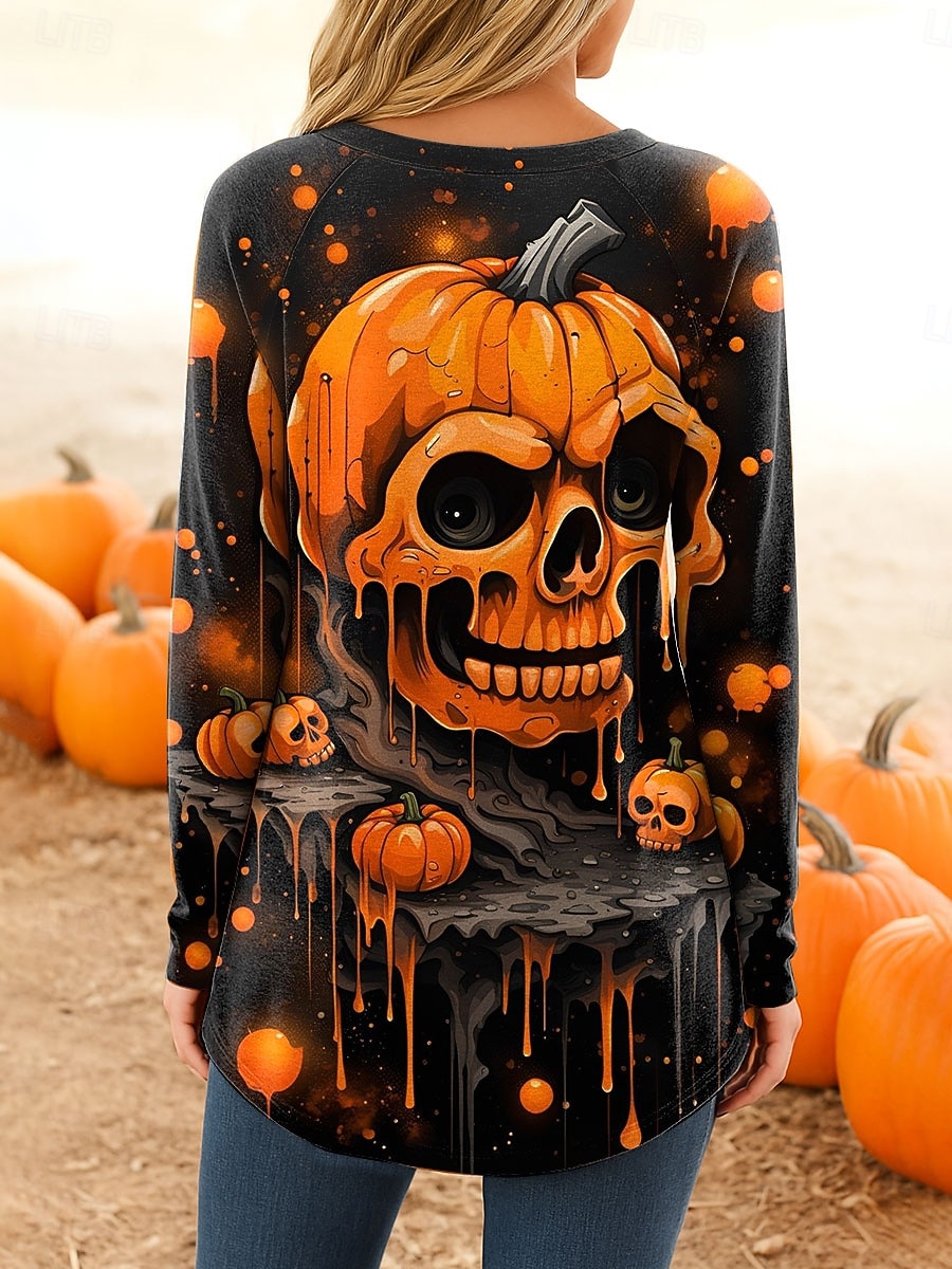 Halloween Dame T skjorte Grafisk Hodeskaller Gresskar Årgang Stilfull Fritid Langermet Crew-hals Vanlige topper Daglig Trykt mønster Rosa Blå Oransje Grønn Grå Vår Høst 2025 - $24.99 –P2