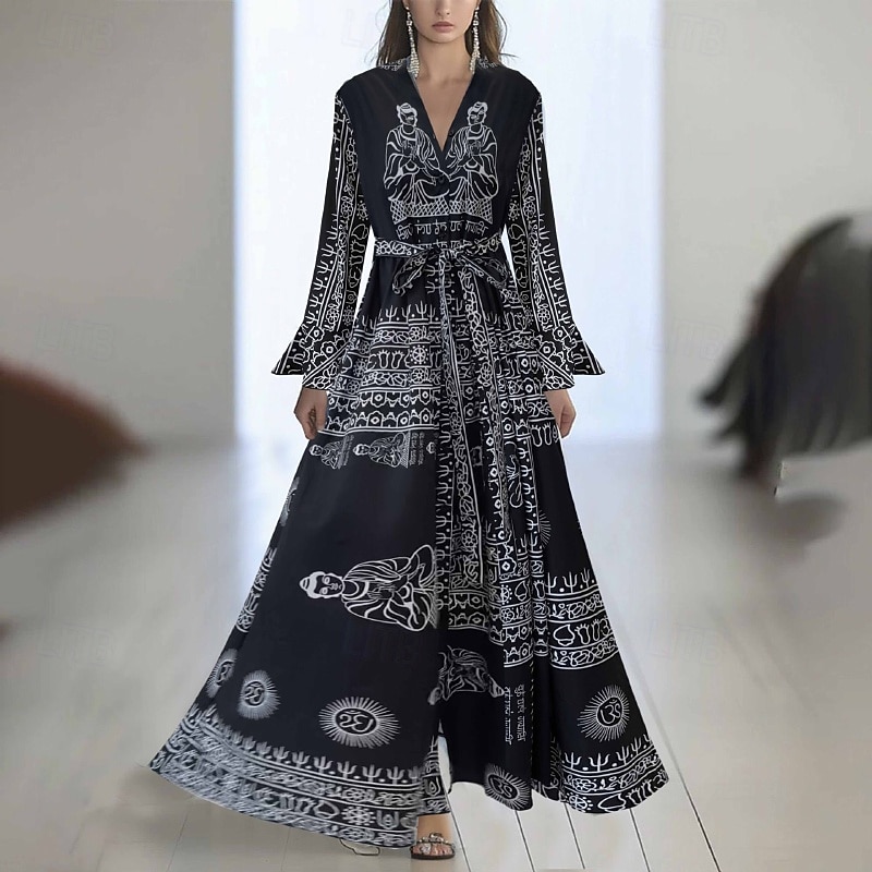 Femmes Robe Longue Maxi Robe Robe évasée Robe Imprimée Mode Moderne Extérieur Vacances Sortir Coupe régulière Fleur manche longue Col en V Noir Automne de 2025 ? $26.99 –P1