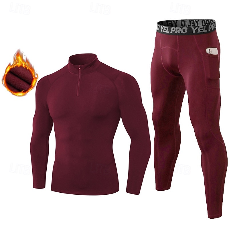 2025年 男性用 ワークアウトスーツ ベースレイヤー上部と下部 2ピーススポーツセット フリース裏地付き ソリッド スーツウェア 秋冬 ブラック ホワイト スパンデックス ジム バスケットボール アスレチック ハイウエスト 速乾性 ウォーム 高通気性 長袖 スポーツ アクティブウェア マイクロエラスティック タイトフィット  コレクション – $41.99 –P9