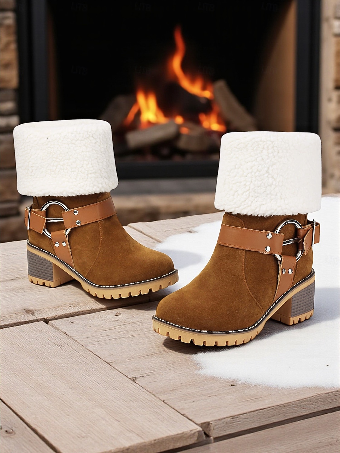 Botas femininas de camurça sintética com punho e fivela de pele de carneiro – botas casuais de inverno com salto grosso para atividades ao ar livre, viagens e looks aconchegantes de 2025 por $59.99 –P4