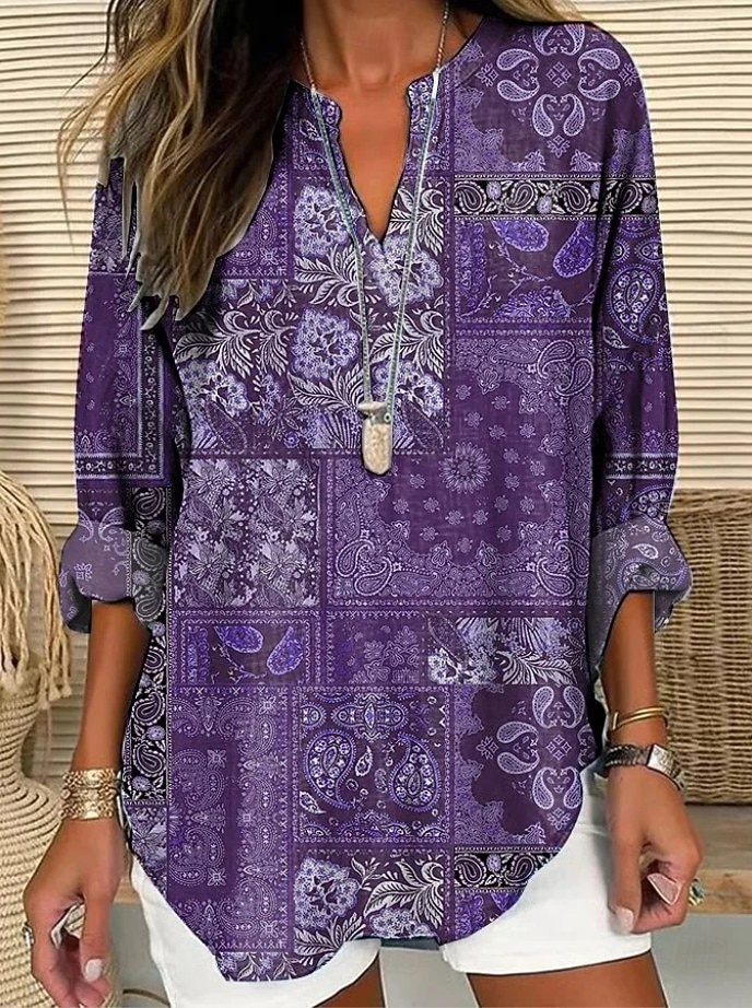 Blusa da donna in lino simile traspirante leggera tunica scollo a V a maniche lunghe boho casual grafico geometrico color block elegante bohemia vintage da indossare quotidianamente stampa blu denim del 2026 a $32.99 –P2