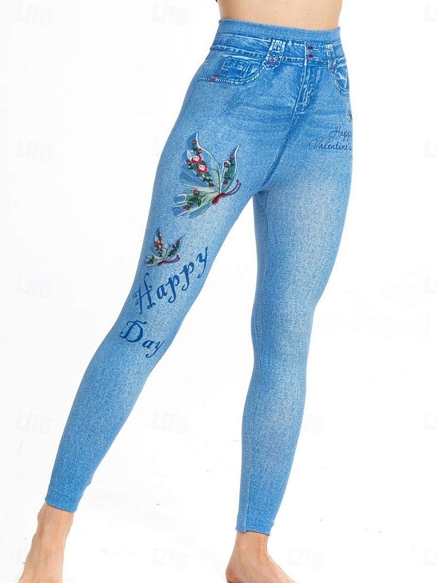 Dames Leggings Verontruste spijkerbroek Vakantie Vintage Casual Volledige lengte Hoge taille Bloemig Vlinder Elastische tailleband Opdrukken Zacht Comfortabel Rekbaar Buiten Straat blauw Luchtblauw 2026 - $24.99 –P14