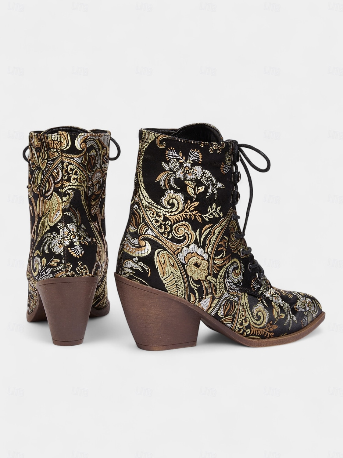stivaletti alla caviglia stringati in jacquard vintage edoardiano da donna - stivaletti con zeppa e motivo floreale barocco per feste retrò, moda autunnale anni 1900-1910 e costumi a tema del 2026 a $54.99 –P2