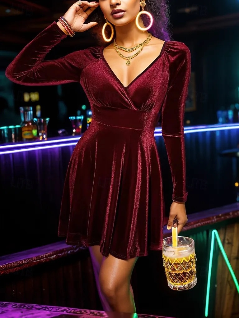 Dames Mini-jurk Schede jurk A lijn jurk Fit And Flare-jurk Feest Verjaardag Formeel Bruiloft Feest Bruiloft gast Effen Lange mouw V-hals Zwart Rood blauw Groen Lente Herfst Winter 2025 - $32.99 –P4
