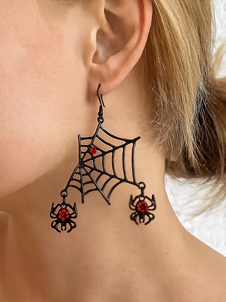 Dámský halloweenský gotický náhrdelník a náušnice s pavučinou, černočervené krystalové šperky s hmyzem na kostýmní večírky a cosplay 2025 - $11.99 –P2