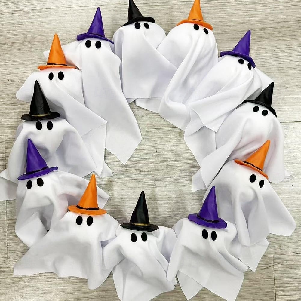 2025年 ハロウィンゴーストリース、ライト付き、16インチ、12個のLEDライト、小さなライトアップホワイトゴーストガーランド、不気味な幽霊、ハロウィンリース、玄関に吊るす、魔女帽子、ゴースト、ホームパーティーのドア飾り  コレクション – $35.99 –P8