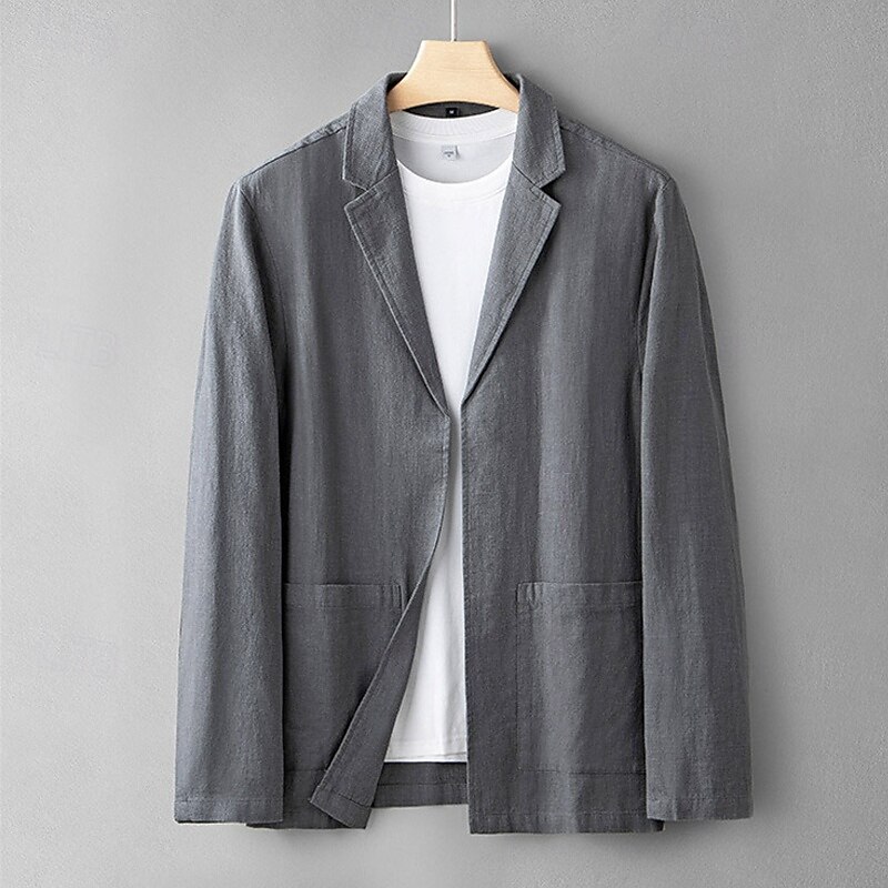 Herr Linne blazer Kavaj Företag Cocktailfest Bröllopsfest Mode Ledigt Vår Höst Linne- / bomullsblandning Slät Ficka Knappar Bekväm Enkelknäppt Blazer Marinblå Aprikos Grå 2025 - $44.99 –P3