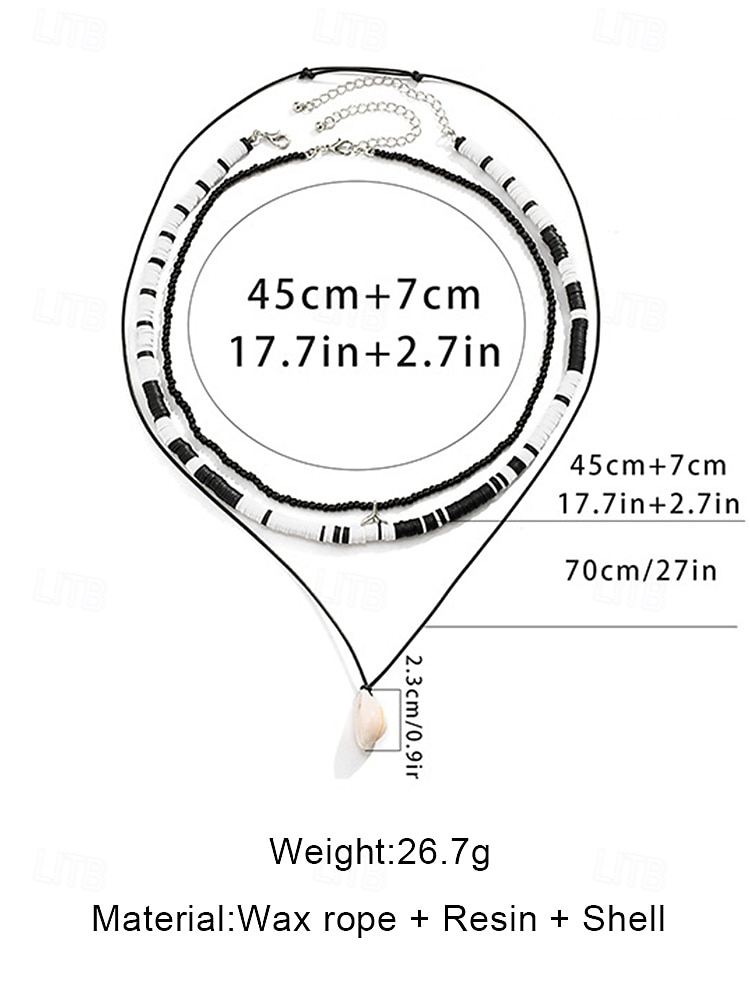 Мужской комплект из 3-х пляжных ожерелий: черные и белые бусины из смолы, подвеска из ракушек и цепочка из вощеной веревки — украшения в стиле серфера для лета, фестивалей и повседневных образов. 2026 - $11.99 –P7