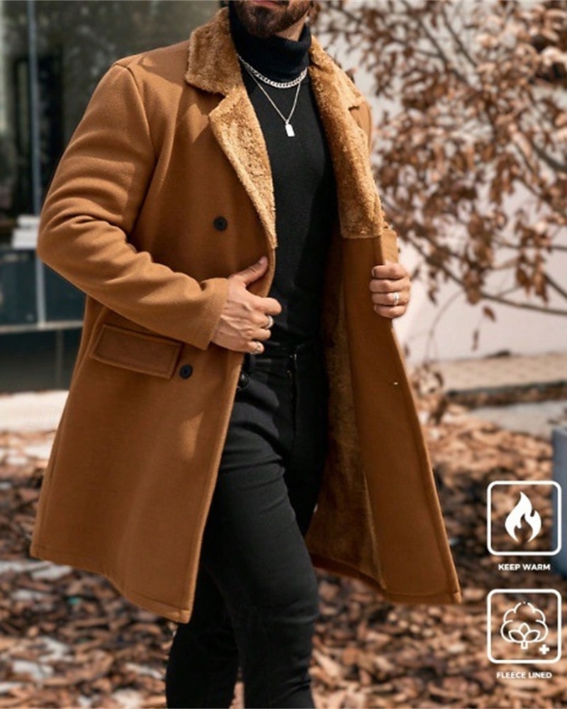 Herr Fleece-jacka Peacoat Trenchcoat Semester Dagligen Höst Vinter Polyester Håller värmen Ytterkläder Kläder Mode Klassisk Slät Ficka Kavajslag Dubbelknäppt 2025 - $52.99 –P6