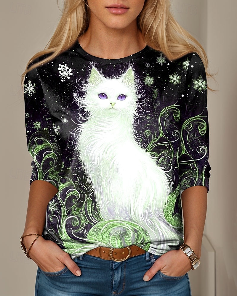 Femmes T-shirt Graphique Animal Chat ancien Mode Élégant manche longue Col ras du cou Hauts Réguliers Quotidien Imprimé Jaune Bleu Violet Vert Printemps Automne Hiver de 2025 ? $22.99 –P5